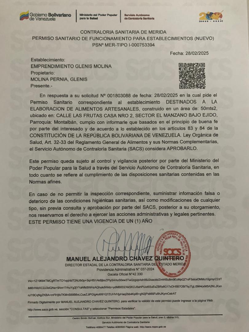 Permiso Sanitario de Funcionamiento SACS Mérida de Harinas Don Pedro