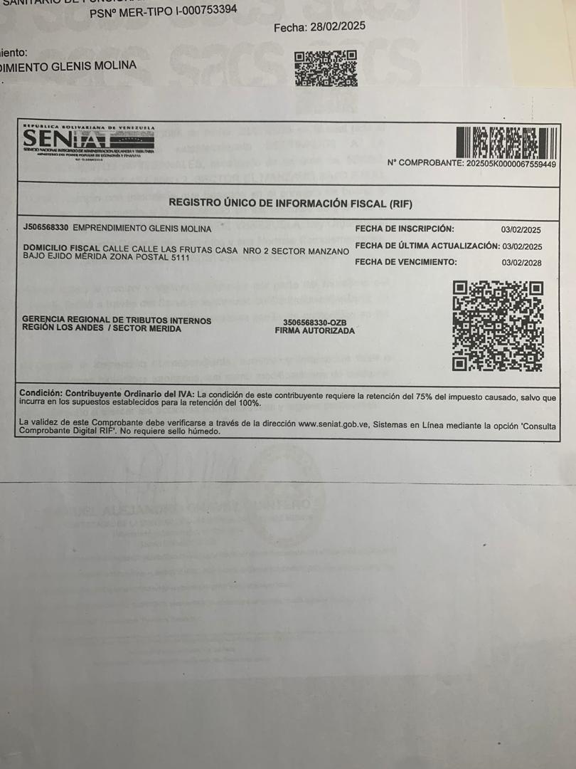 RIF SENIAT del Emprendimiento Glenis Molina, Harinas Don Pedro